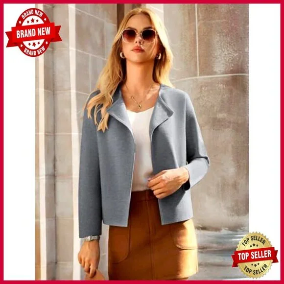 Cropped Knit Sweater Blazer Oversized Open Front Lapel Cardigan Chic Elegant - Picture 3 of 7